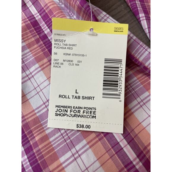 3 for $25-Laura Scott Womens Large Fushia Plaid Long Sleeve Blouse Roll Tab - Picture 4 of 8